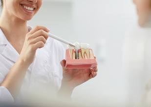 A dentist holding a dental implant model while consulting their patient